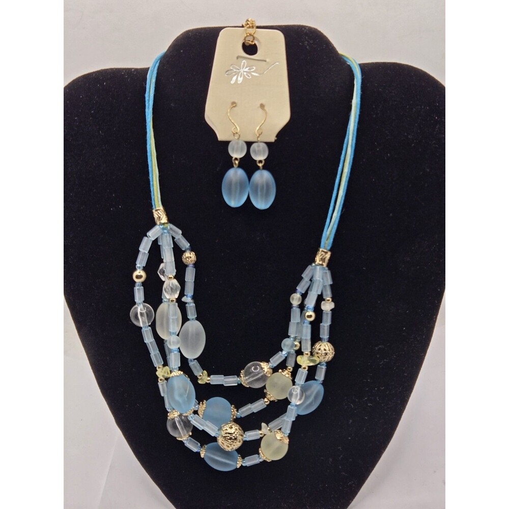 YOU & I Drosted Blue White & Green Beaded Necklace and Earrings Set